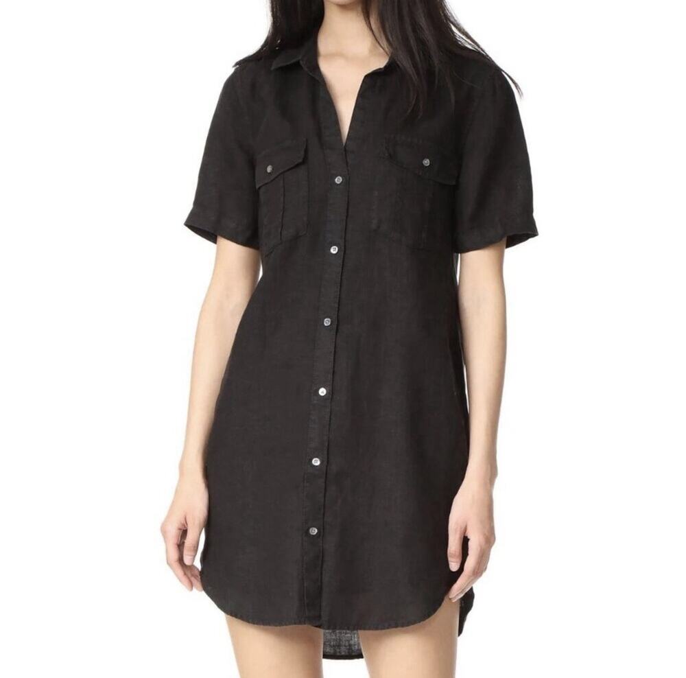 James Perse Black Linen Utility Short Sleeve Mini Shirt Dress - 1 / Small $225